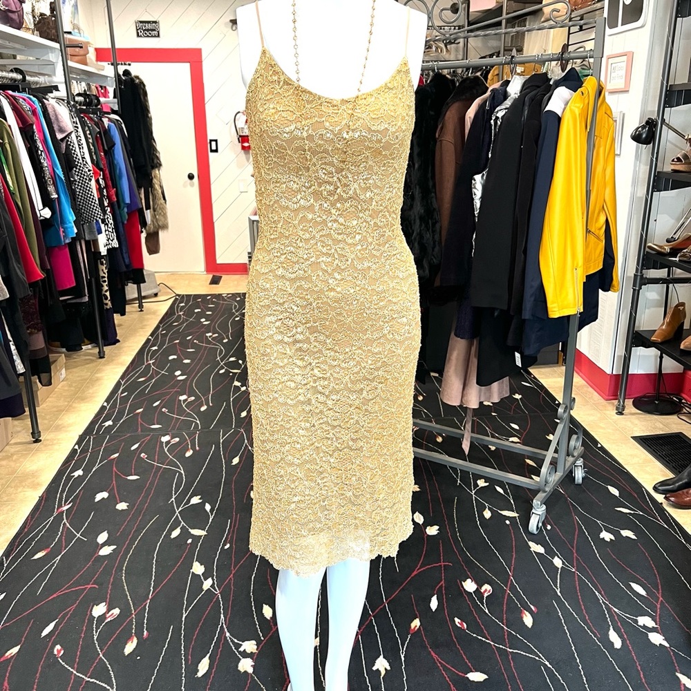 Y2K Betsey Johnson Gold Lace Bodycon